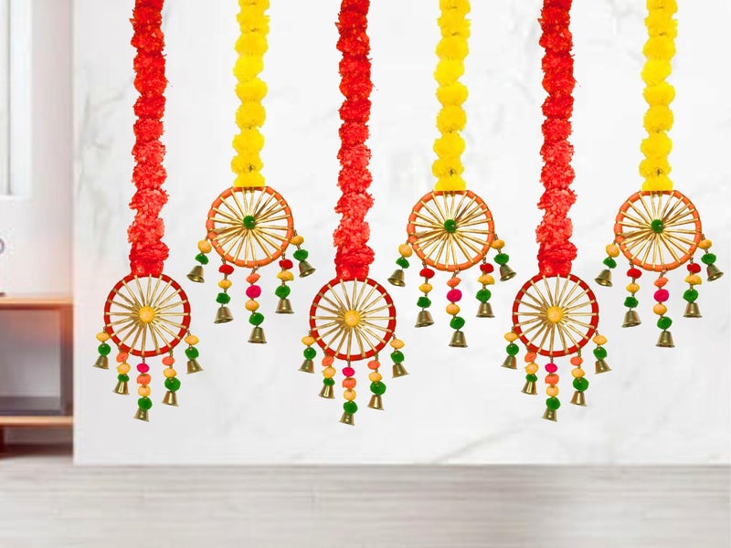 DRYPHON Artificial Marigold Flowers with Pom Pom Ring Bell Hanging Garlands for Home, Diwali & Wedding Decoration (Pack of 6) - Image 1
