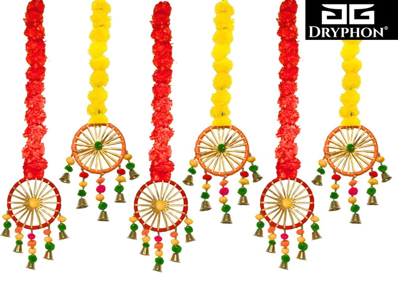 DRYPHON Artificial Marigold Flowers with Pom Pom Ring Bell Hanging Garlands for Home, Diwali & Wedding Decoration (Pack of 6) - Image 4