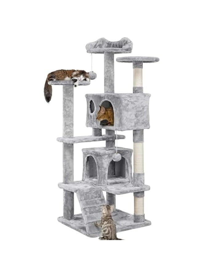 TRASSLE Cat Tree, 138.5cm Scratching Post Stable Tower for Indoor Cats - Activity Centre With 2 Houses, 3 Sisal Posts, Ladder, and Rest Place - Image 1
