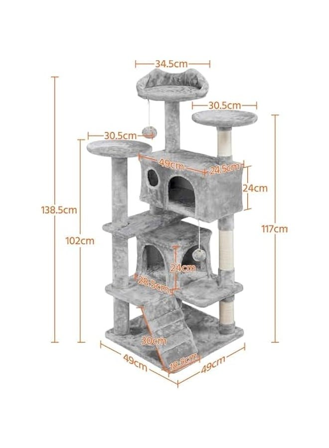 TRASSLE Cat Tree, 138.5cm Scratching Post Stable Tower for Indoor Cats - Activity Centre With 2 Houses, 3 Sisal Posts, Ladder, and Rest Place - Image 2