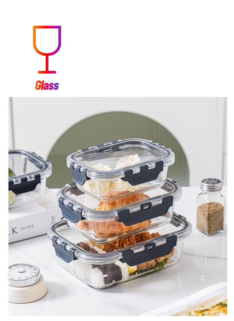 TYCOM Tycom Glass Meal Prep Containers (3 pcs Rectangle) - Glass Food Storage Containers with Lids, Glass Lunch Box, Portion Control, Airtight, Glass Bento Box Lunch Containers- 3P Rectangle Black  - Image 1