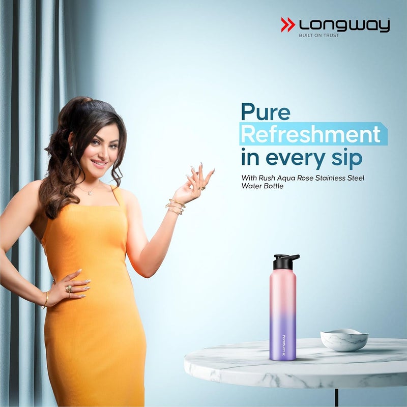 LONGWAY زجاجة مياه ستانلس ستيل LONGWAY بسعة 1 لتر مقاومة للتسرب وخالية من الصدأ مثالية للمدرسة والمكتب والمنزل والصالة الرياضية والسفر مناسبة للرجال والنساء والأطفال 1000 مل أكوا روز - Image 2