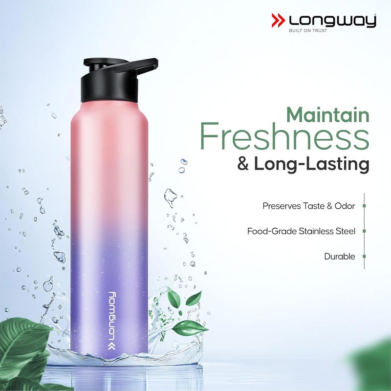 LONGWAY زجاجة مياه ستانلس ستيل LONGWAY بسعة 1 لتر مقاومة للتسرب وخالية من الصدأ مثالية للمدرسة والمكتب والمنزل والصالة الرياضية والسفر مناسبة للرجال والنساء والأطفال 1000 مل أكوا روز - Image 3