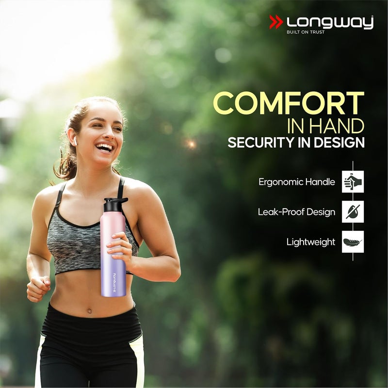 LONGWAY زجاجة مياه ستانلس ستيل LONGWAY بسعة 1 لتر مقاومة للتسرب وخالية من الصدأ مثالية للمدرسة والمكتب والمنزل والصالة الرياضية والسفر مناسبة للرجال والنساء والأطفال 1000 مل أكوا روز - Image 4