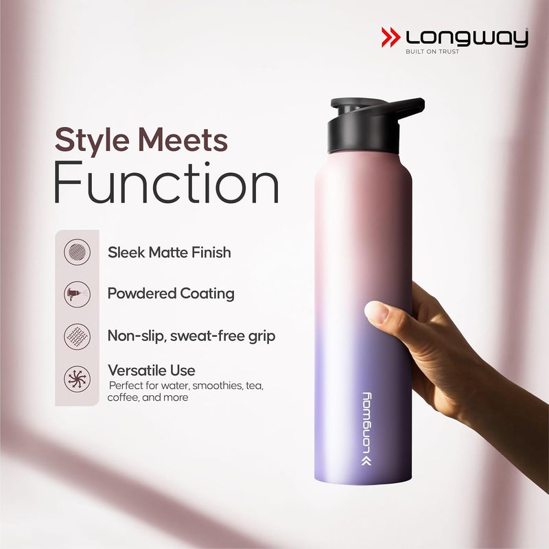 LONGWAY زجاجة مياه ستانلس ستيل LONGWAY بسعة 1 لتر مقاومة للتسرب وخالية من الصدأ مثالية للمدرسة والمكتب والمنزل والصالة الرياضية والسفر مناسبة للرجال والنساء والأطفال 1000 مل أكوا روز - Image 5