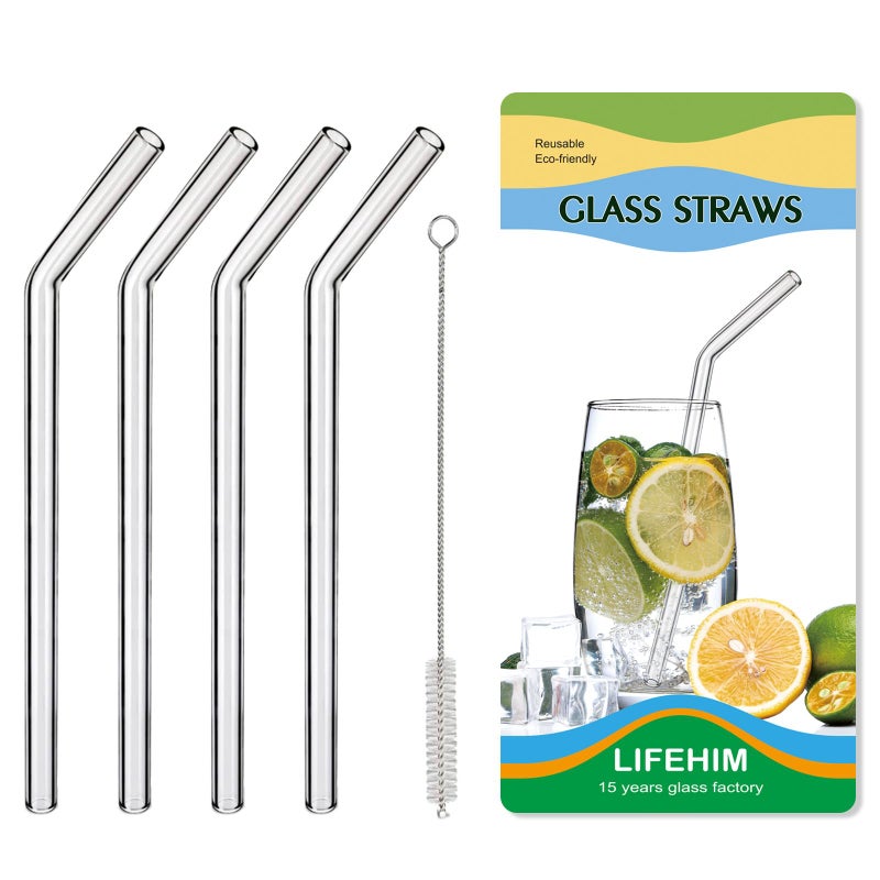 LIFEHIM Borosilicate Glass Straws for 16 oz Tumbler, 9 inch 8mm BPA Free, Reusable Drinking Straws Clear Bent Skinny for Iced Coffee and Hot Drinks - Image 1