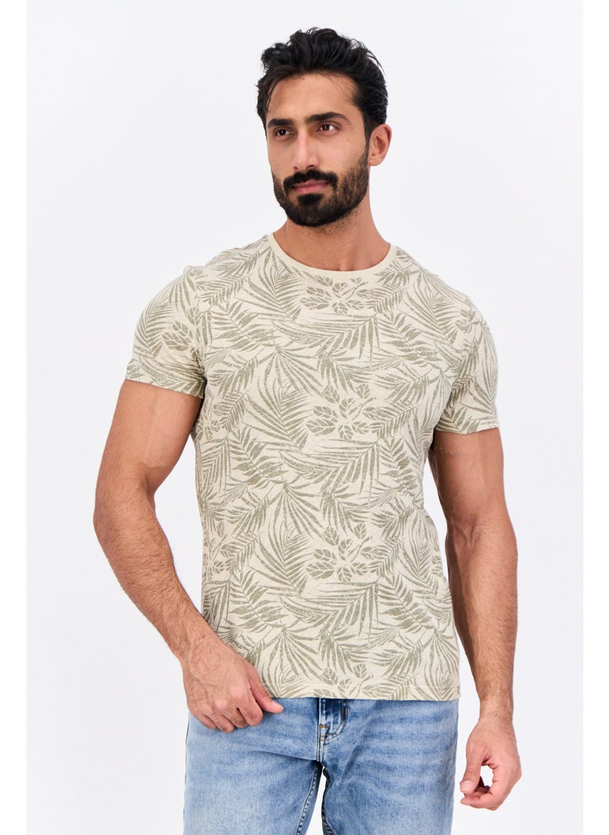 Jules Men Crew Neck Short Sleeve Tropical Print T-Shirt, Beige  - Image 1