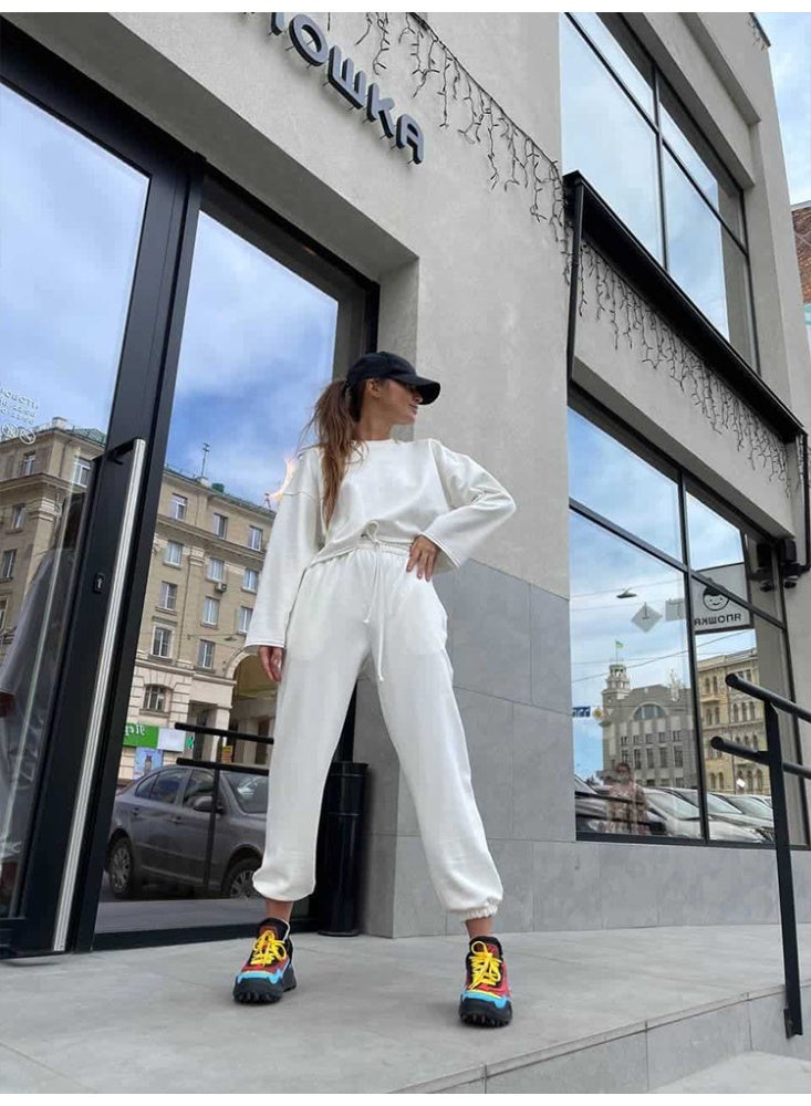 NIBEMINENT Fashionable Casual Loose Solid Color round Neck Sweatshirt Set Spring Autumn Popular Women's Clothing Two-Piece Suit - Image 2