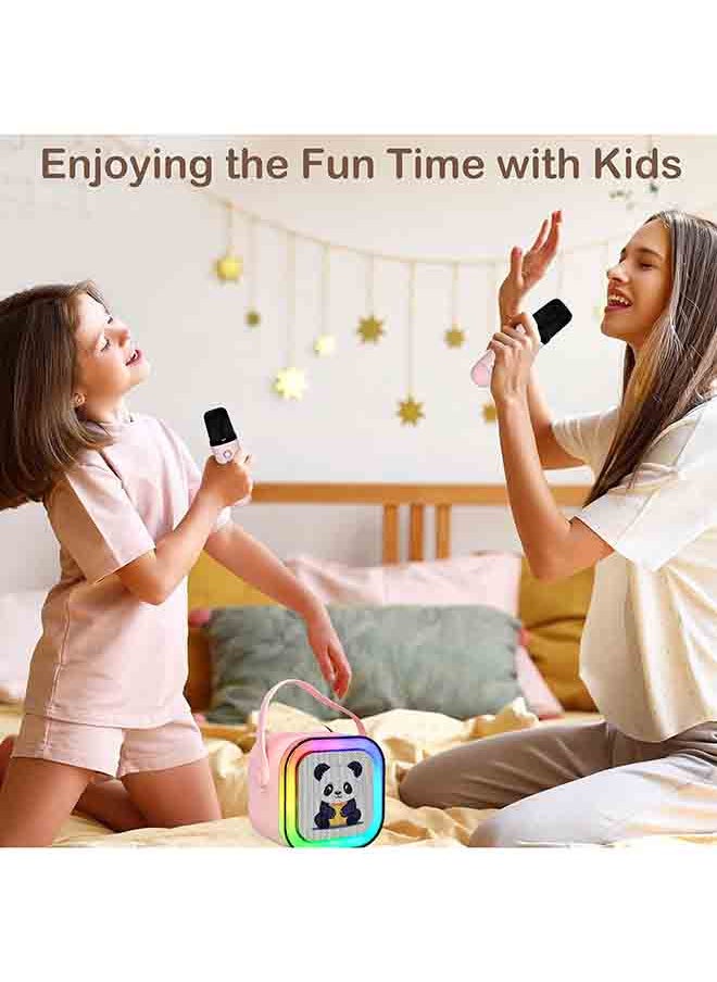 Rofee Mini Cartoon Bluetooth Speaker with 2 Wireless Microphones & LED Lights-Pink  - Image 3