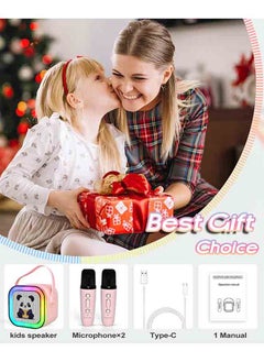 Rofee Mini Cartoon Bluetooth Speaker with 2 Wireless Microphones & LED Lights-Pink  - Image 4