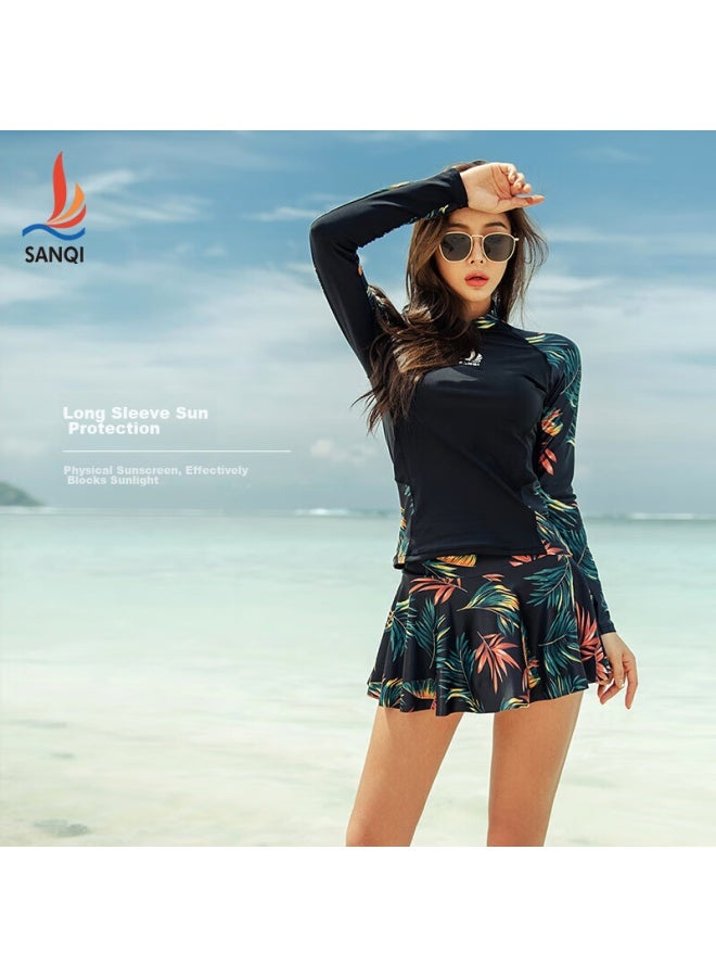 Sanqi Women's Two-piece Swimsuit, Skirt-style, Long-sleeved, Plus Size, Slimming Swimwear For Curvy Women, 20103 Orange, XL Size - Image 2