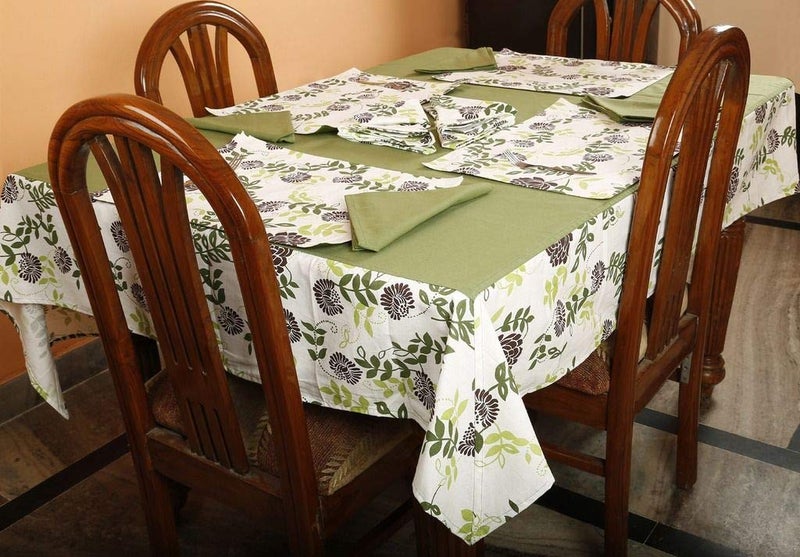 Dekor World Floral Printed Green Square Table Cover with Place Mat & Napkin (Pack of 13) 150X150 Cm / 60X60 Inches for 4 Seater Dining Table - Image 2