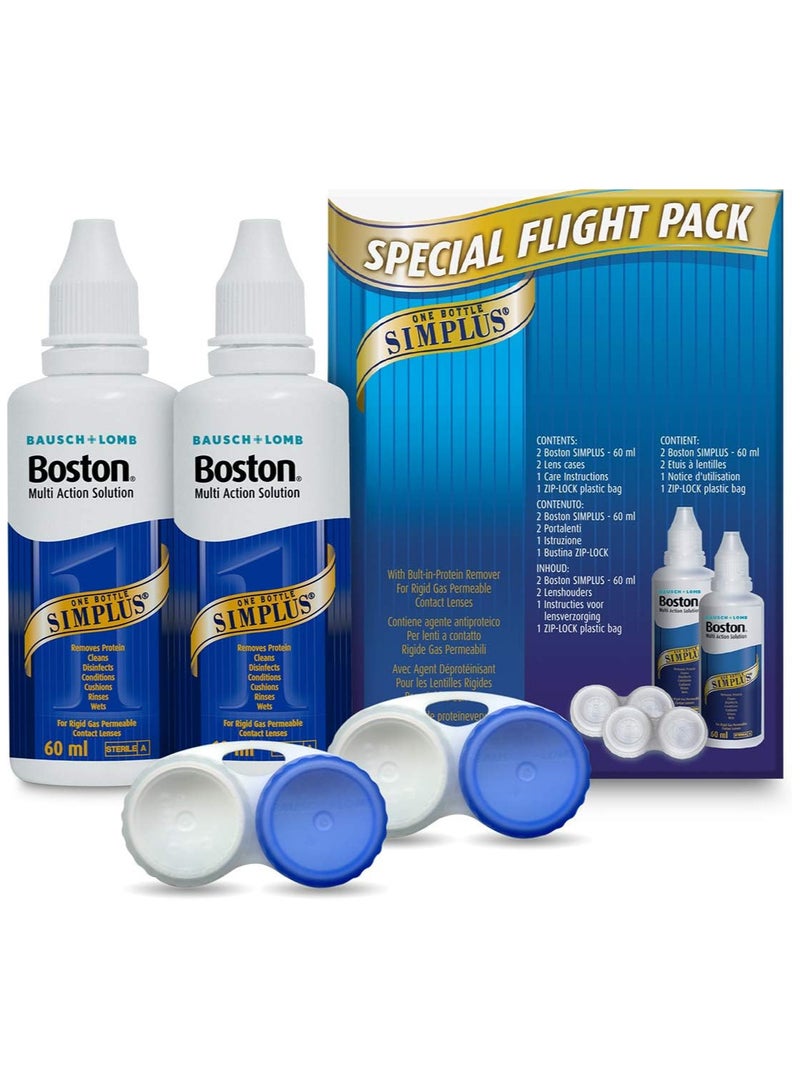 Boston Boston Simplus Travel Contact Lens Solution, 2x 60ml Flight Pack Size, Multi-Action Solution for Rigid Gas Permeable Contact Lenses, Clean, Disinfect & Condition, 2x Lens Cases for Travel Convenience  - Image 1