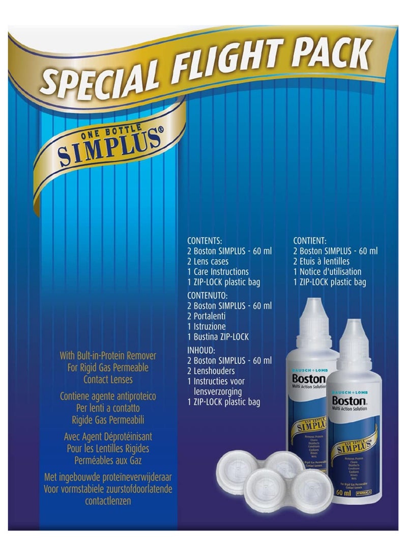 Boston Boston Simplus Travel Contact Lens Solution, 2x 60ml Flight Pack Size, Multi-Action Solution for Rigid Gas Permeable Contact Lenses, Clean, Disinfect & Condition, 2x Lens Cases for Travel Convenience  - Image 2