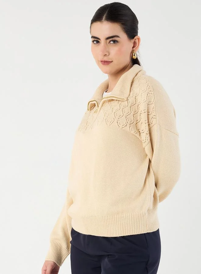 Femmella Beige Collared Half Pulle Sweater