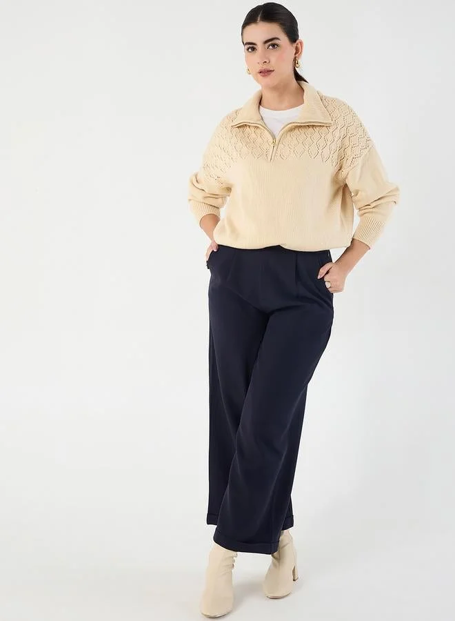 Femmella  Beige Collared Half Pulle Sweater for Women | Best Price UAE