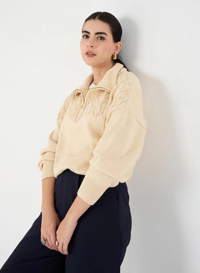 Femmella  Beige Collared Half Pulle Sweater for Women | Best Price UAE