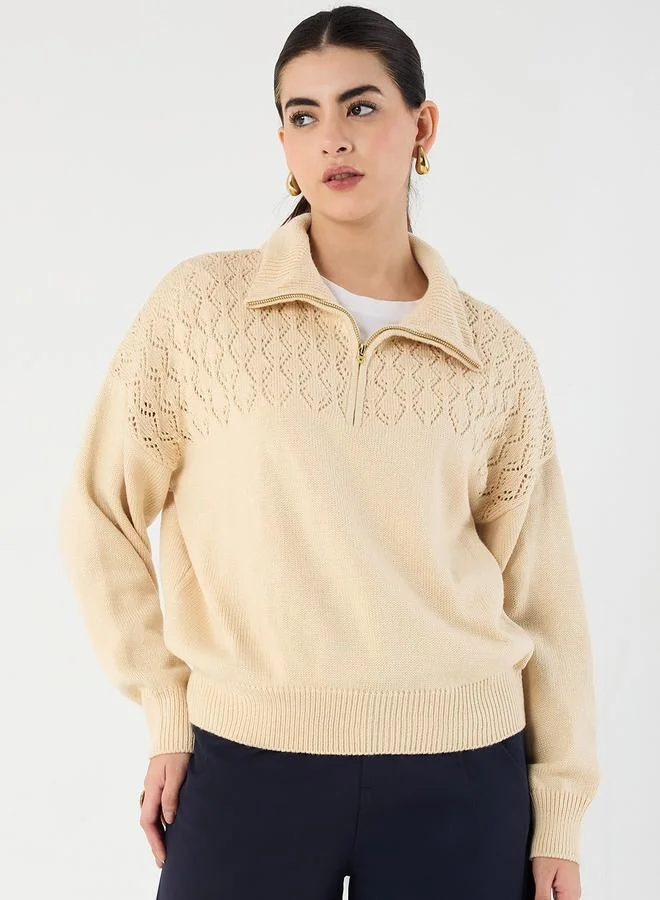 Femmella Beige Collared Half Pulle Sweater
