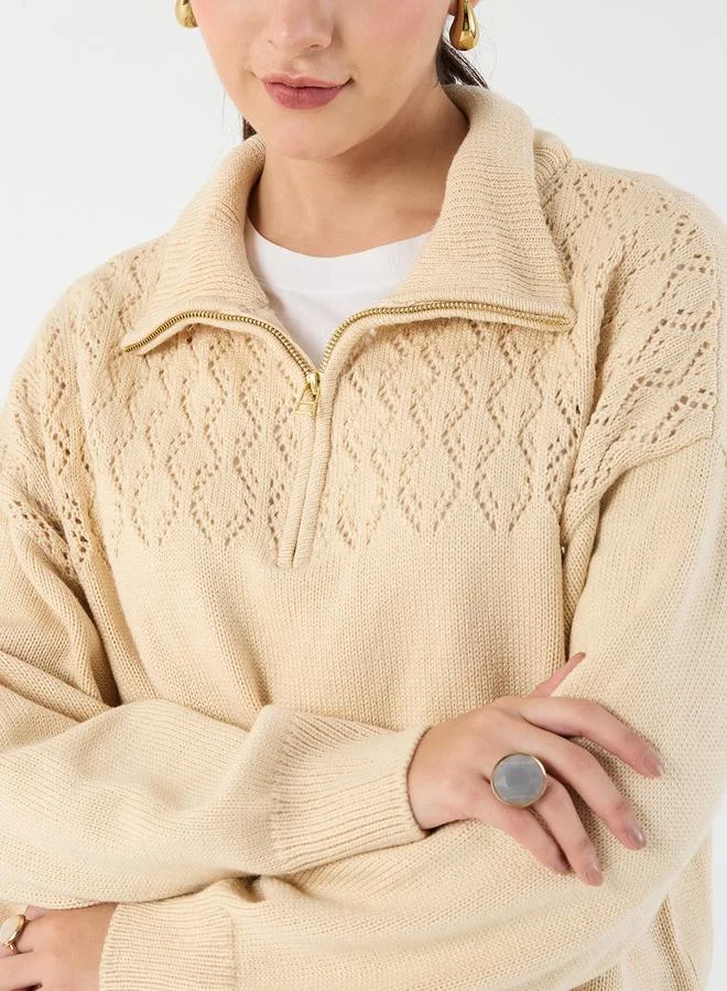 Femmella Beige Collared Half Pulle Sweater