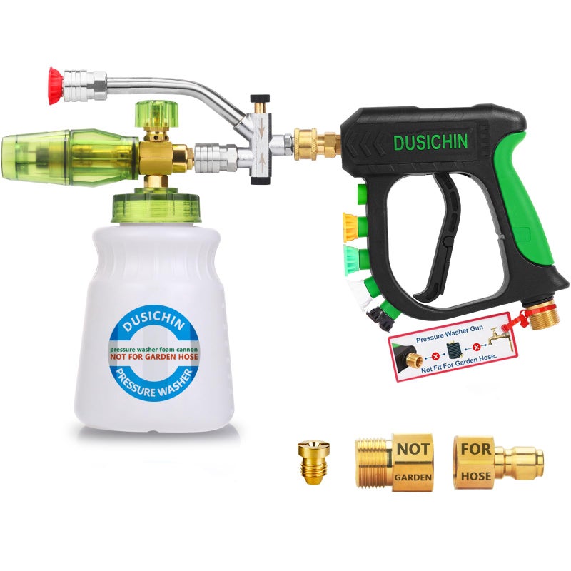 DUSICHIN Pressure Washer Gun Foam Cannon Dual Connector Shift Valve, Car Wash Foam Cannon Kit 1/4 Inch Quick Connector 5 Pressure Washer Nozzle Tips Build-in Design Work with A Pressure Washer DUS2703 - Image 1