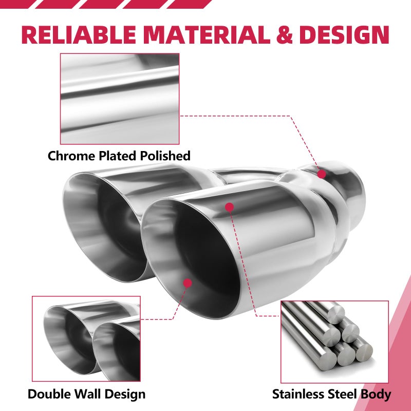 A-KARCK Dual Exhaust Tip 3 Inch Inlet 4" Dual Outlet 12" Overall Length Polished Stainless Weld-On Duo Layer Angle Exhaust Tailpipe Tips for Car Truck (Left) - Image 3