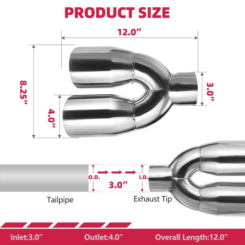 A-KARCK Dual Exhaust Tip 3 Inch Inlet 4" Dual Outlet 12" Overall Length Polished Stainless Weld-On Duo Layer Angle Exhaust Tailpipe Tips for Car Truck (Left) - Image 2