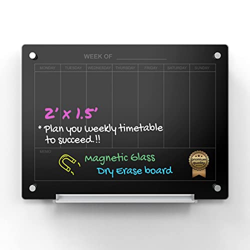 Audio-Visual Direct Magnetic Black 7 Day Calendar Glass Dry-Erase Board Set - 2' x 1.5' - for Wall - Weekly Planner - Image 1