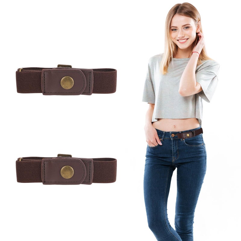 Telooco No Buckle Belts for Men,2 Pack Adjustable Buckless Belts Side Belts No Buckle for Women,Stretch Belt Loops for Pants Jeans (Brown) - Image 1