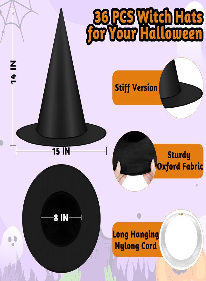 Luces 36 PCS Witches Hats, Hanging Witches Hats Halloween Decor, Black Floating Witch Hat with 492 FT Rope Wizard Costume Accessory, Outdoor Halloween Porch Decorations Witch Decor for Party - Image 2