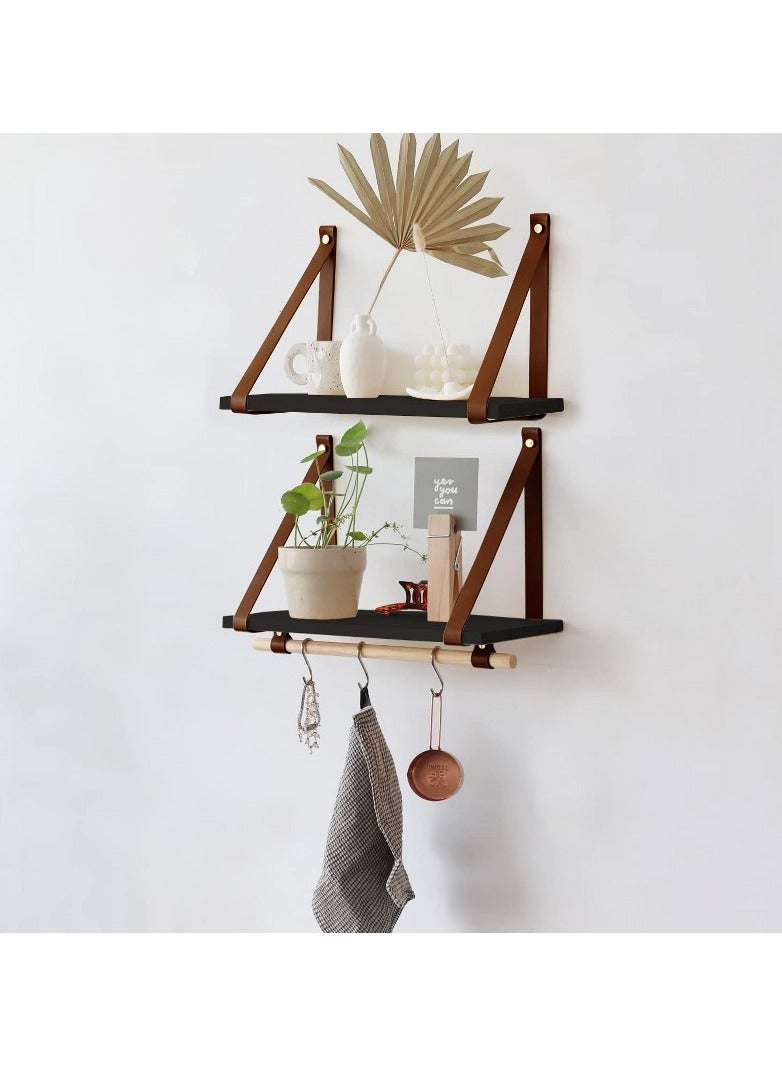 Home Gallery PU Brown Leather Strap Wall Floating Shelves  Black  - Image 1