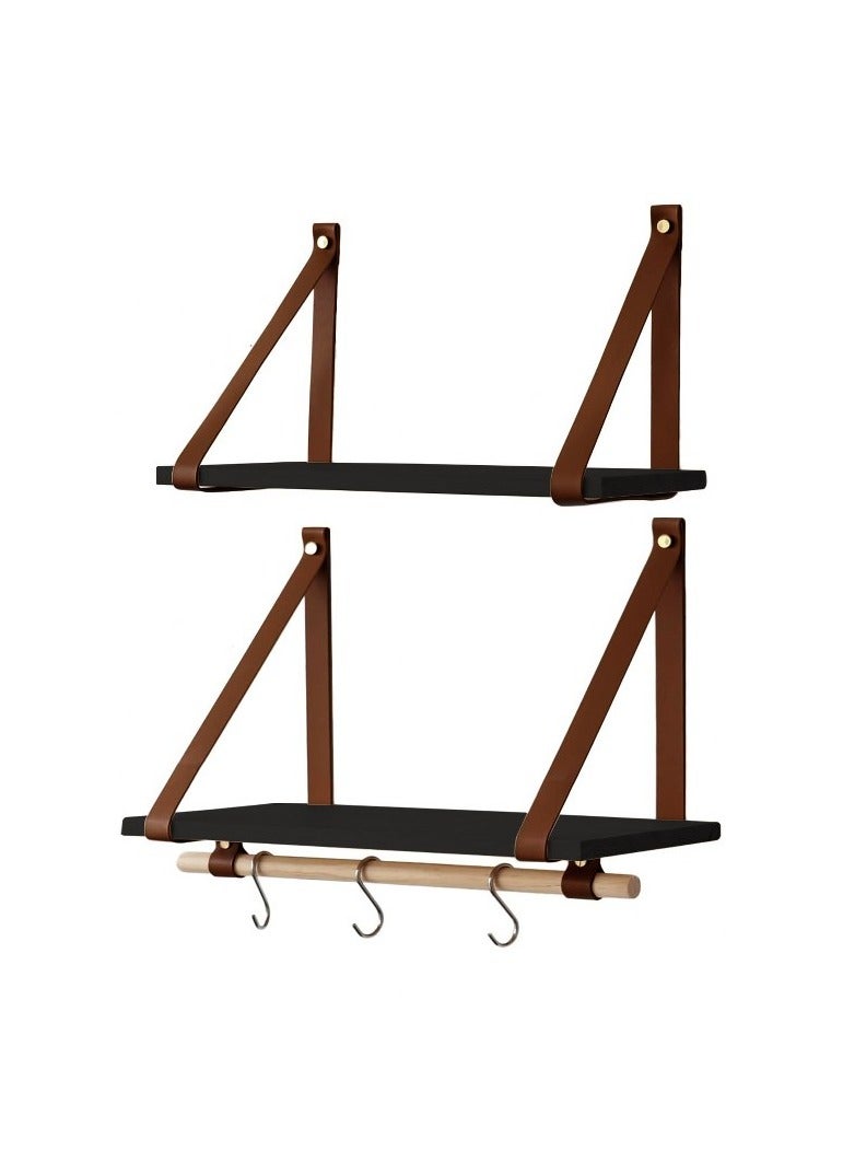 Home Gallery PU Brown Leather Strap Wall Floating Shelves  Black  - Image 2