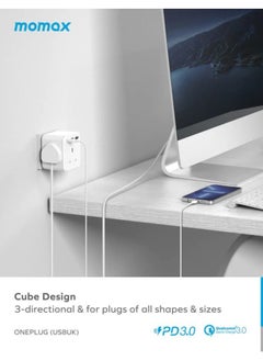 Momax MOMAX US8UKW ONEPLUG 20W 3-Outlet Cube Extension Socket – Compact Power Strip with USB Charger & Fast Charging Ports (White)  - Image 3