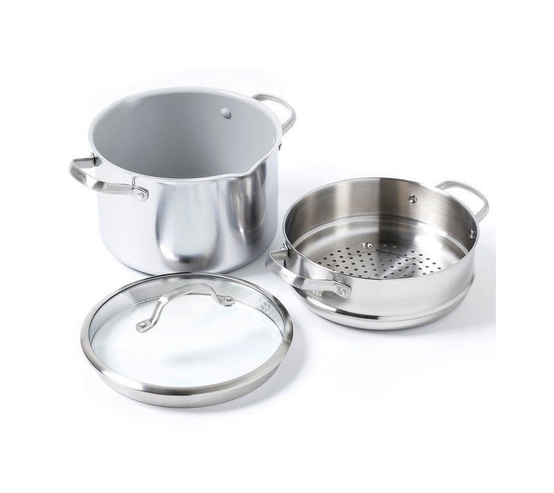 GreenPan Venice Pro TriPly Stainless Steel Healthy Ceramic NonStick 24cm76 L Multipurpose Boiler Stockpot with SteamerStrainer Insert  Glass Lid PFAS FreeInduction  Oven SafeSilver