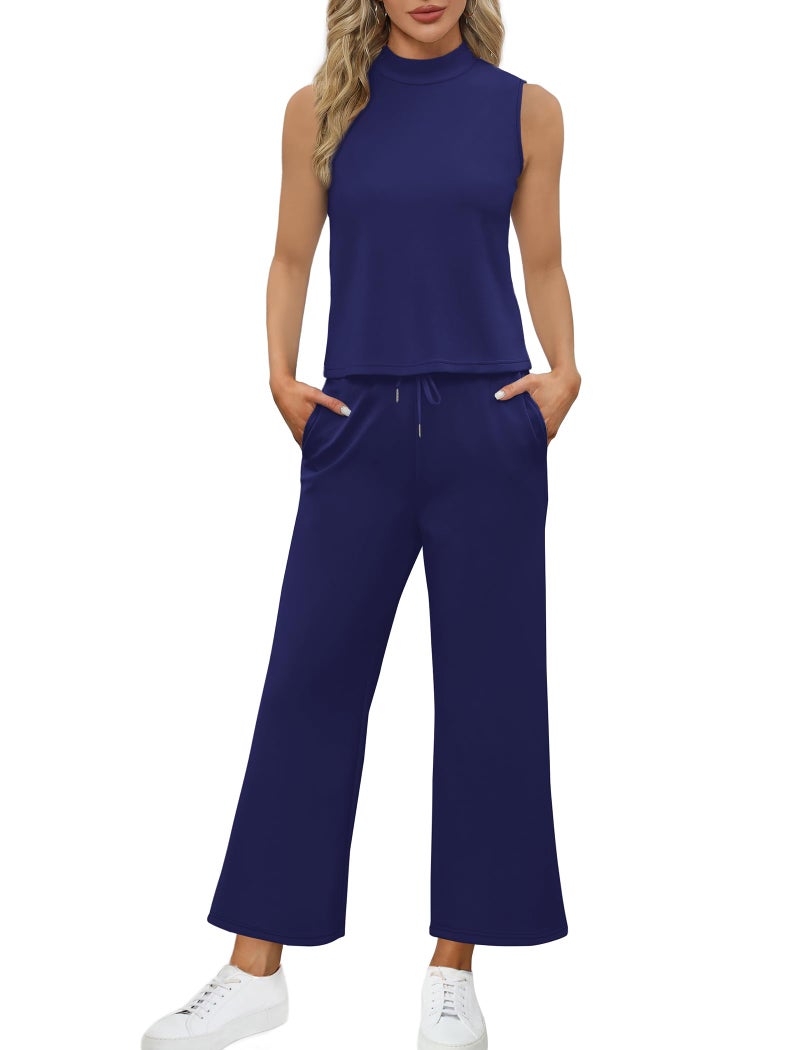 Sampeel Lounge Sets for Women 2 Piece 2024 Summer Casual Travel Ladies Loungewear Set Business Casual Outfits Work Mock Neck Tops Airport Outfit utfits Royal Blue L - Image 3