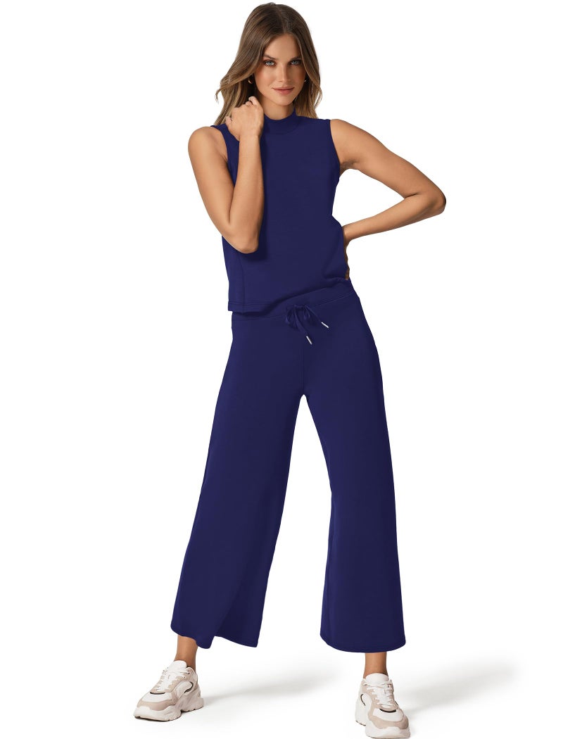 Sampeel Lounge Sets for Women 2 Piece 2024 Summer Casual Travel Ladies Loungewear Set Business Casual Outfits Work Mock Neck Tops Airport Outfit utfits Royal Blue L - Image 2