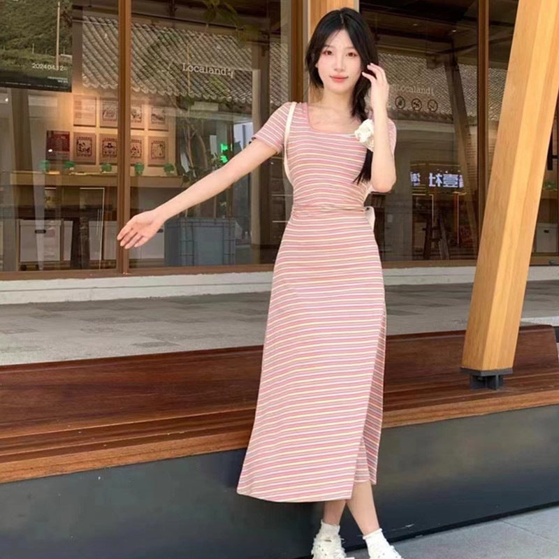 Generic French Elegant Rainbow Striped Pleated Dress Summer Waist Slimming  Dress All-Match Women | Best Price Bahrain | Manama, Riffa