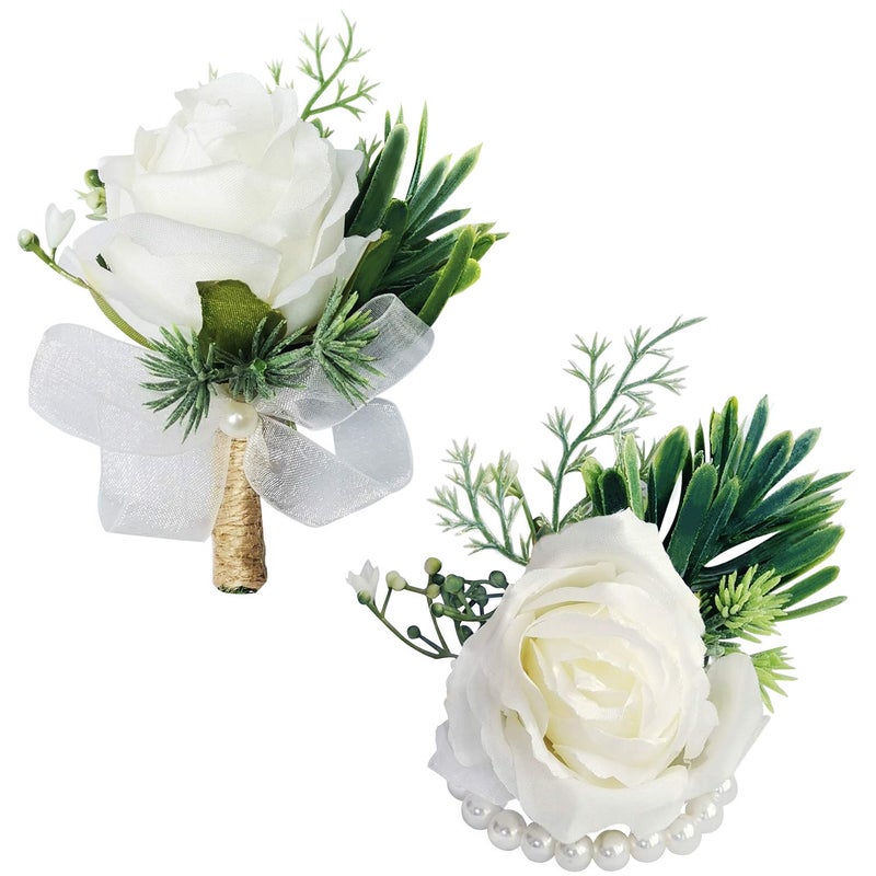 WEIERYUE White Rose Wrist Flowers and Mens Corsage Wedding Flowers Ceremony2Pcs Boutonniere Buttonholes and Wrist Corsage Wristband Roses Wrist CorsageWhite Rose Set