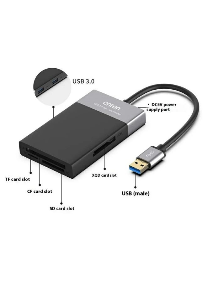 أونتن موزع وقارئ بطاقات ONTEN OTN-5215B بمنفذ USB 3.0؛ قارئ احترافي متعدد البطاقات مزود بمنافذ توسعة USB، يتيح قراءة بطاقات الذاكرة في آن واحد ونقل البيانات بسرعة عالية، ومناسب للاستخدام مع الكاميرات، والطائرات المسيرة (الدرون)، ومعدات الإنتاج المرئي، ووحدات التخزين الخارجية، وأجهزة الكمبيوتر. - Image 4