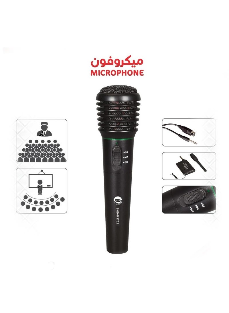 Wired and wireless microphone receiver Wireless antenna Cord for wired microphone Microphone sensitivity: -72 dB Directivity: unidirectional Frequency response: 100 to 10,000 Hz Resistance output: 600