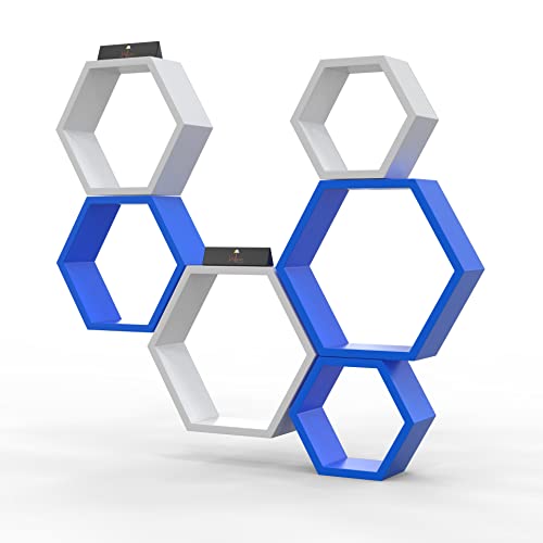 Raafi Hexagonal Shape Wooden Floating Wall Shelves (Set of 6) (White & Sky Blue) - Image 4