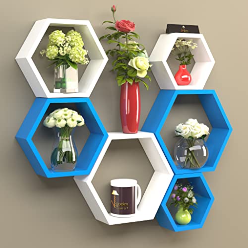 Raafi Hexagonal Shape Wooden Floating Wall Shelves (Set of 6) (White & Sky Blue) - Image 1