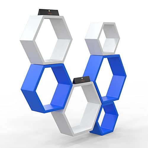 Raafi Hexagonal Shape Wooden Floating Wall Shelves (Set of 6) (White & Sky Blue) - Image 2