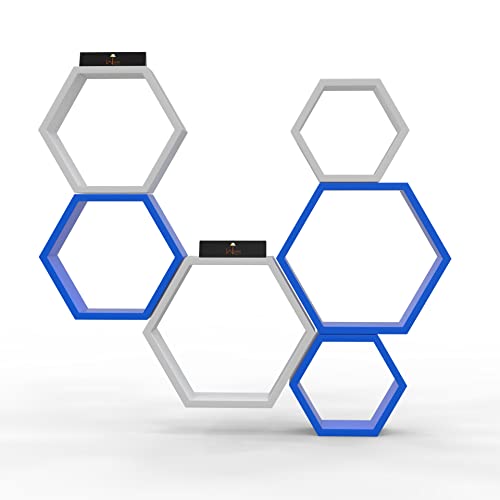 Raafi Hexagonal Shape Wooden Floating Wall Shelves (Set of 6) (White & Sky Blue) - Image 3