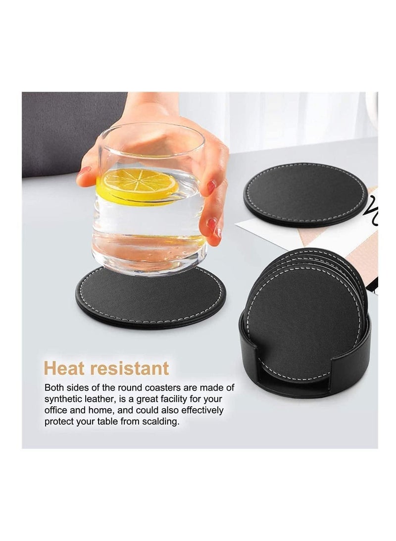 إسكدنيا Set Of 6 Round PU Leather Drink Coasters Set Table Mats With Holder 10CM Black Coasters For Drinks Heat-Resistance Mats Coffee Coaster Protect Furniture For Holding Coffee Cups Sports Bottles - Image 2