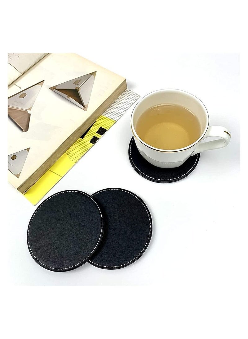 إسكدنيا Set Of 6 Round PU Leather Drink Coasters Set Table Mats With Holder 10CM Black Coasters For Drinks Heat-Resistance Mats Coffee Coaster Protect Furniture For Holding Coffee Cups Sports Bottles - Image 3