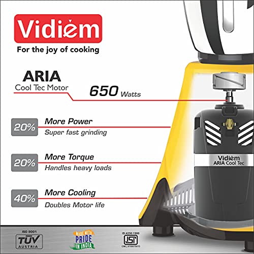 Vidiem Lilly 650W Mixer Grinder (Yellow) | 3 Leakproof Jars with Self-Lock | Wet & Dry Grinding for Spices, Chutneys & Curries | Cool Tec Motor | 2-Year Warranty - Image 4