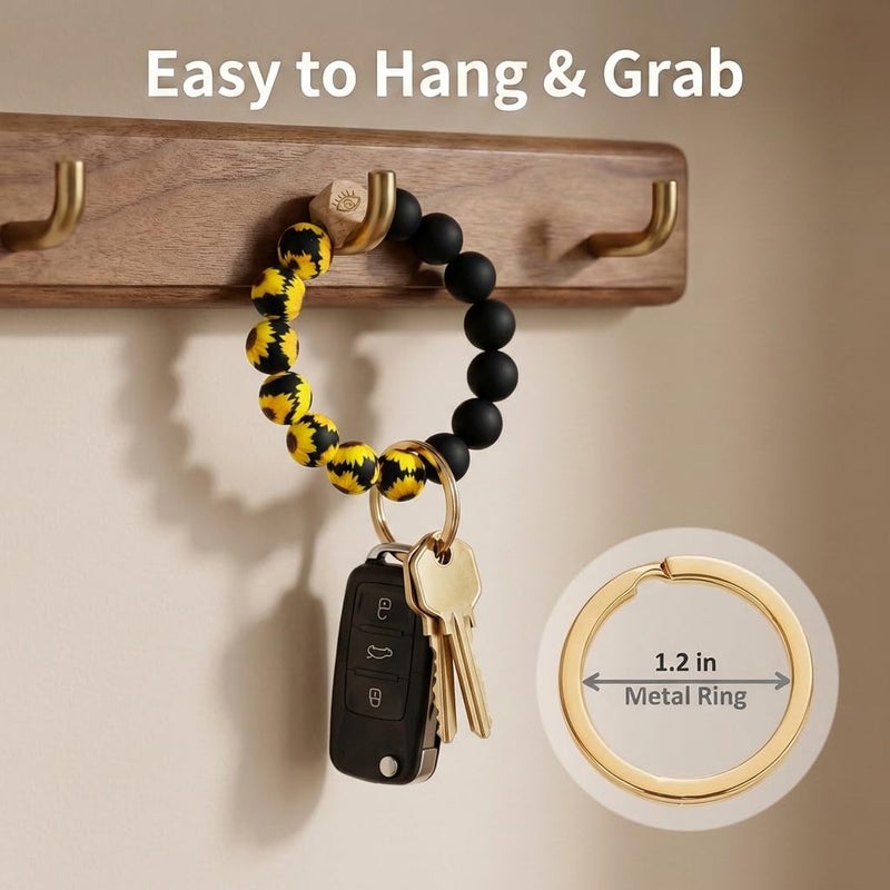 BIHRTC BIHRTCKeychain Bracelet Wristlet with Tassel Silicone Key Ring Bracelet for Women with Leather Tassel House Car Keys Ring Holder Elastic Silicone Beads Bangle Chains Wristlet Keyring - Image 3