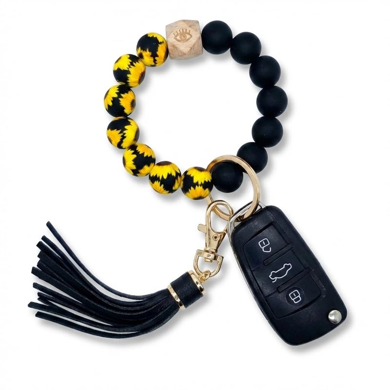 BIHRTC BIHRTCKeychain Bracelet Wristlet with Tassel Silicone Key Ring Bracelet for Women with Leather Tassel House Car Keys Ring Holder Elastic Silicone Beads Bangle Chains Wristlet Keyring - Image 1
