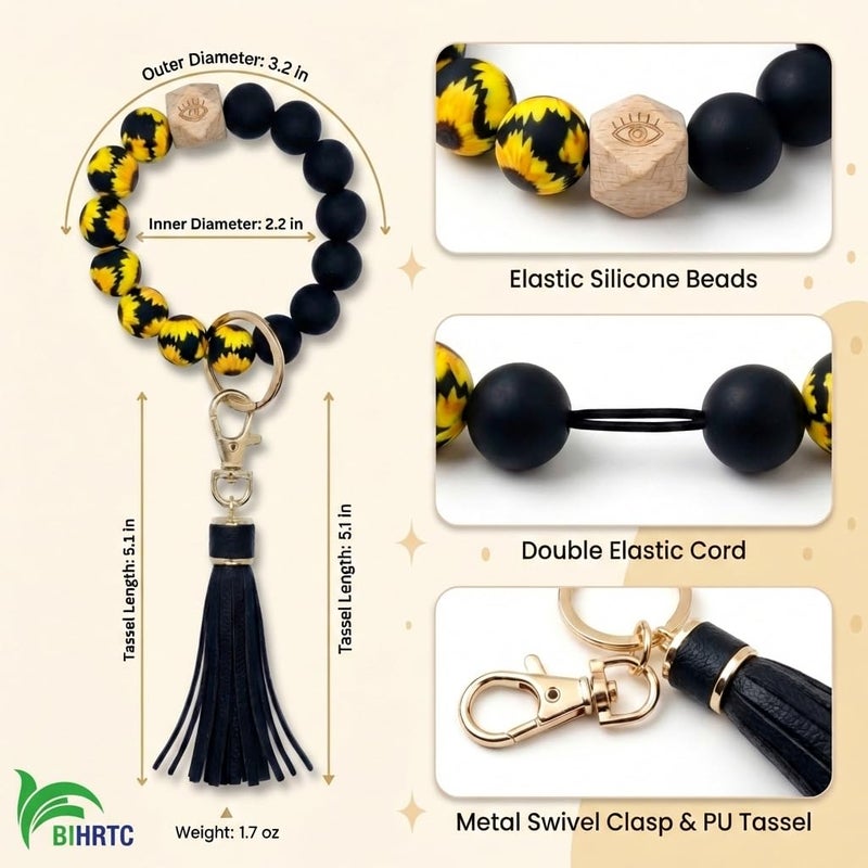 BIHRTC BIHRTCKeychain Bracelet Wristlet with Tassel Silicone Key Ring Bracelet for Women with Leather Tassel House Car Keys Ring Holder Elastic Silicone Beads Bangle Chains Wristlet Keyring - Image 2