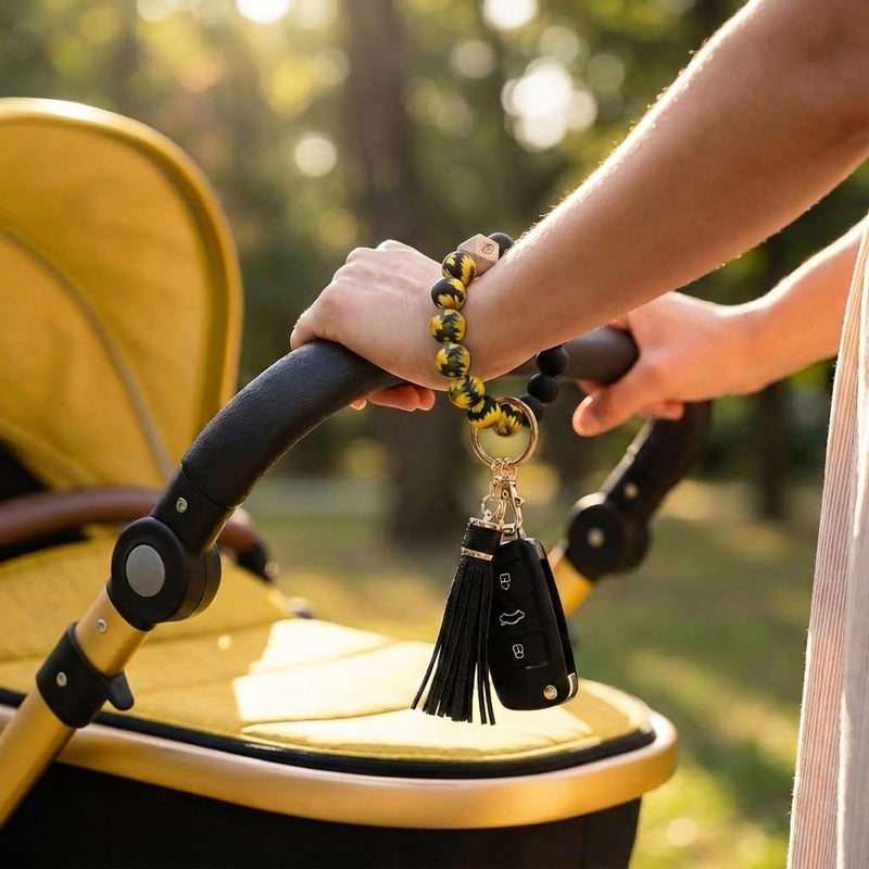 BIHRTC BIHRTCKeychain Bracelet Wristlet with Tassel Silicone Key Ring Bracelet for Women with Leather Tassel House Car Keys Ring Holder Elastic Silicone Beads Bangle Chains Wristlet Keyring - Image 5